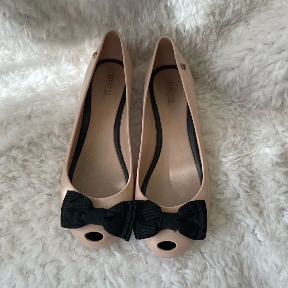 Melissa Ultra ballerina flats blush pink jelly peep toe black gros grain bow SZ7